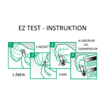EZ-Test instruktionen præsenterer en række tydelige trin i sort tekst på hvid baggrund. Hver sektion er adskilt af en tynd linje, og punkterne er nummereret. Illustrative ikoner i grå nuancer ledsager teksten og viser de forskellige handlinger. Øverste del indeholder et logo, mens nederste del inkluderer en kontaktinformation i mindre skrifttype.