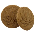 Pakningen har en mørkeblå baggrund med et lyst, geometrisk mønster, der skaber kontrast. Øverst står "Euphoria" i stor, hvid tekst, mens "Cannabis Cookies" er angivet under i mindre, gul skrift. Nederst pryder et billede af en cookies, der er dekoreret med chokolade. Emballagen har en mat finish, der giver et moderne udtryk.