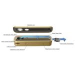 En kompakt vaporizer præsenterer et strømlinet design i mat sort plast med glatte kurver. Fronten har en tydelig digital skærm med hvide tal og symboler, mens knapperne er placeret på siden, i en grå farve. Toppen har en aftagelig del med en glasklar beholder, der viser en indre struktur, som er tilpasset til dampning.