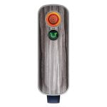 En kompakt vaporizer med et elegant design fremhævet af zebra-wood-finish, der viser en karakteristisk stribet tekstur i brune og sorte nuancer. En glat, sort top med en enkelt knap og et lille LED-lys er placeret centralt. Bunden har et gennemsigtigt vindue, der afslører den indre mekanisme. En diskret, oval form gør den let at holde.