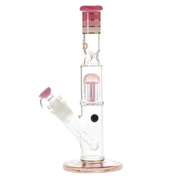 En percolator i klart glas med en rosa farvet kant, der danner en cylinderform. Den er 33 cm høj og har en rund, bred base, der gradvist indsnævres mod toppen. Overfladen er glat med en let refleksion, og der er et håndtag i farven sølv, der giver kontrast. Det indre indeholder et komplekst rør-system med små åbninger.