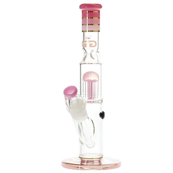 En rund, gennemsigtig beholder i klart glas præsenterer sig med en let rosa nuance. Den har en slank, cylindrisk form og en bred åbning øverst. Nedenfor er et perkolator-system med små rør, der skaber en kompleks struktur. Overfladen er glat med en let reflekterende kvalitet, mens det samlede design fremstår elegant og moderne.