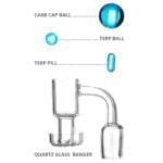 En dabbing bowl i blåt glas præsenterer sig med en glat, rund form og en dyb skål til koncentrater. Overfladen har en let glitrende tekstur, som reflekterer lys. Den har et standard SG 18.5 mm tilslutningspunkt og er udstyret med en lille, buet håndtag, der giver et ergonomisk greb. Farven varierer fra mørkeblå til lysere nuancer, hvilket skaber et interessant visuel spil.