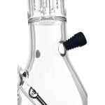 En stor, klar glasbeholder med en rund bund og en smal hals præger beskrivelsen. Beholderen har en dobbelt perkolator med flere små bobler, der skaber en kompleks struktur. Overfladen er glat og skinnende, med fine detaljer og en tydelig glasværksfinish. Der er også en bred åbning øverst, der muliggør fyldning.