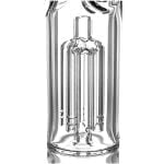 En stor, klar glasbeholder prydet med et karakteristisk, rundt midterafsnit, der udvider sig i begge ender. Beholderen har en lige, cylindrisk form med en bred åbning foroven og en smalere bund. Indvendigt findes der flere perkolatorer, der skaber bobler, mens en lang, lige slange strækker sig ud fra siden. Den har en glat overflade uden synlige indgraveringer.