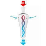 En transparent glasrørpipe med en spiralformet indvendig struktur, der skaber en tornadoeffekt, præsenterer sig med en klar og glat overflade. Røret har en bred åbning i den ene ende og en smalere i den anden. Farven er hovedsageligt klar, men der er subtile nuancer, der reflekterer lyset. Pipeens design er minimalistisk og elegant.