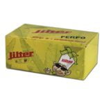 Jilter jiltip filtertips præsenteres i en pakke med en naturlig, ubleget farve og en struktureret overflade. Pakken indeholder små, cylindriske filtertips, der har en glat, hvidlig nuance. Mønsteret på emballagen inkluderer tekst i sort og grøn, samt grafiske elementer, der angiver produktets specifikationer. Størrelsen af filtertipsene er kompakt, ideel til brug i rør.