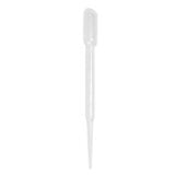 En gennemsigtig pipette i plast, med en kapacitet på 3,5 ml, præsenterer sig med en snæver, cylindrisk form. Den har en spids, fleksibel spids, som er let buet. Pipetten er markeret med en skala i milliliter og har en blød, grå gummipipette, der sikrer et sikkert greb. Farverne er klare, med en let glansfuld overflade.