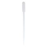 En transparent pipette i plast med en tapered spids, der er let buet. Den runde, lille krop har en grålig nuance, mens spidsen er klar. Pipetten har en kapacitet på 3 ml og 5 ml, hvilket angives med tydelig tekst på kroppen. Overfladen er glat med fine detaljer og en ensartet struktur.