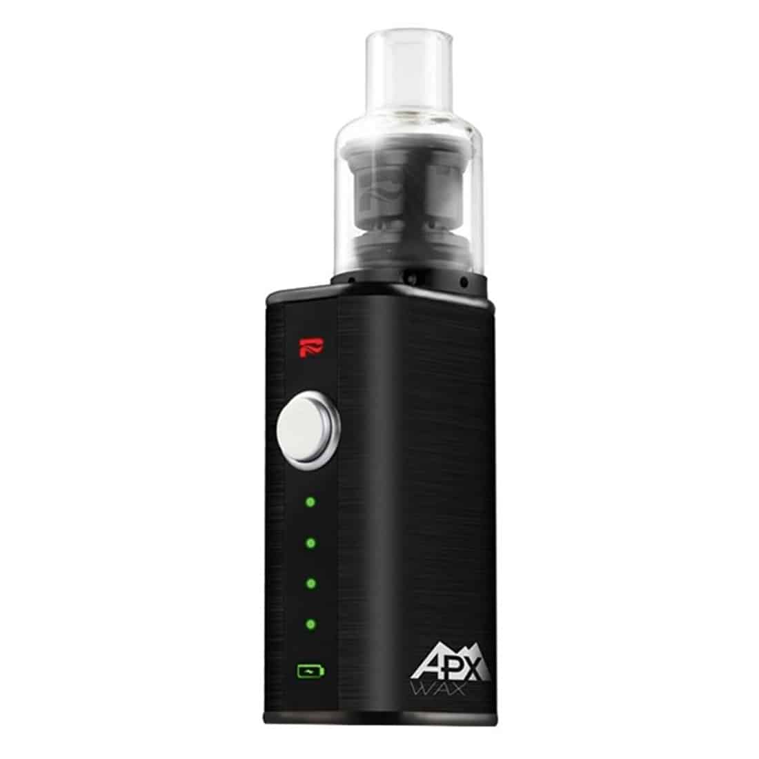 Pulsar APX wax vaporizer kit præsenterer en slank, sort krop med en mat overflade, der giver et stilrent udseende. Den har en rektangulær form med afrundede kanter. Øverst er en glaskappe, som afslører det interne kammer. Der er en enkelt knap til betjening og små ventilationshuller på siden. En LED-indikator viser status med et blødt lys.