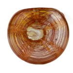 En pibe med en glat, buet form dominerer beskrivelsen. Den er udført i transparent glas med en dyb oceanblå farve, der skaber en flot kontrast til de sorte og orange nuancer, som snor sig gennem glasset. Piben har en bred åbning i slutningen og en smal hals, der fører til en rund, flad mundstykke.