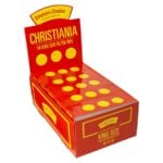 En levende rød æske med Smokers Choice Christiania King Size filterspidser prydet med lyse gule prikker og tekst, ideel til en førsteklasses rygeoplevelse.