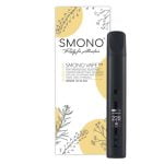 En kompakt, cylinderformet vaporizer præsenterer sig med en glat, mat overflade i en lys gul nuance. En rund, gennemsigtig del afslører den indre mekanisme, mens en lille knap er placeret på siden. Toppen er afrundet, og der findes en mundstykke i en kontrastfarve. En elegant, minimalistisk design fremhæver funktionalitet og æstetik.