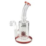 En rød dab rig i glas med en højde på 24 cm præsenterer sig med en slank, cylindrisk form. Den har en buet hals, der munder ud i en bred åbning. Overfladen er glat med en blank finish, og der er synlige bobler indeni glasset. En lille, flad base stabiliserer riggen, mens et mundstykke er synligt øverst.