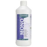 En gennemsigtig plastflaske med en sort skruelåg, indeholdende en klar væske. Etiketens baggrund er hvid med grønne og sorte elementer. Teksten er sort og grøn, med oplysninger om indholdet, der angiver kalium. Flaskens form er cylindrisk, og den har en praktisk hældetud. Størrelsen er 1 liter, hvilket fremgår af etiketten.