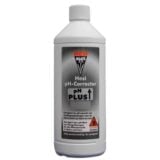En klar, plastflaske med en skruehætte i blå farve. Flasken er cylindrisk og har en etiket med grøn og hvid grafik, der angiver produktnavnet "Hesi pH Plus Corrector". Et nummer 1 liter er synligt, og der er en advarselssymbol, der advarer om korrekt håndtering. Baggrunden er hvid, hvilket fremhæver flaskens farver.