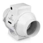 Ventilationskanalen har en cylindrisk form og måler 125 mm i diameter. Den er fremstillet af metal med en glat, sølvfarvet overflade, der reflekterer lys. Kanalen er udstyret med to tilslutningsstykker, der har en skruemekanisme til fastgørelse. Udstyret har et enkelt, funktionelt design uden synlige mærker eller logos.