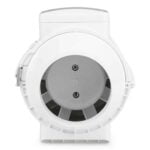 En cylindrisk ventilationskanal i metal, malet i en grålig nuance, præsenterer en glat overflade med lette refleksioner. Den har en diameter på 125 mm og er forsynet med en justerbar klap, der er synlig på den ene side. Et stempel eller logo er placeret diskret, mens tilslutningsflangerne er tydeligt markeret og fastgjort med skruer.