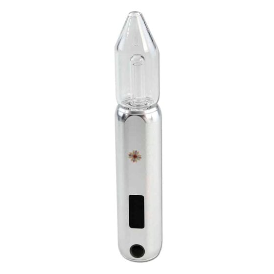En sort vaporizer med en blød, mat overflade og en elegant, strømlinet form. Den har en buet profil og en let afrundet spids. På en af siderne er der en knap med en subtil tekstur, mens den modsatte side præsenterer et diskret logo. En lille gennemsigtig skærm viser indstillinger, og en tykkere base giver stabilitet.