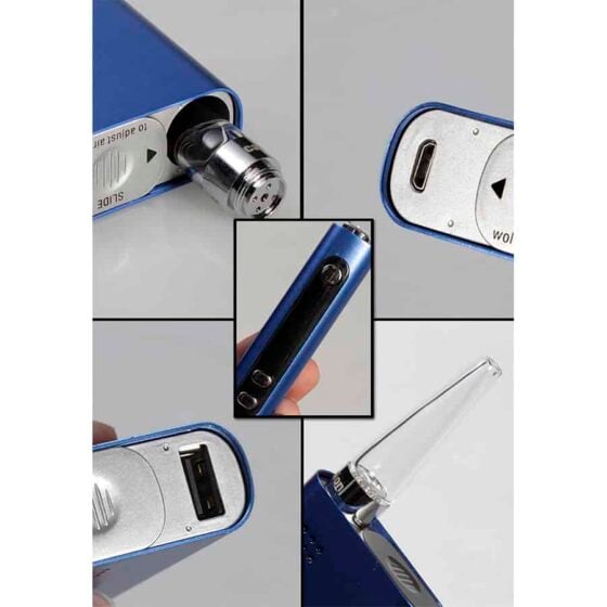 En kompakt vaporizer i en klar blå farve pryder billedet. Den har en glat overflade, der fremhæver dens moderne design. En rund, sort knap er placeret på fronten, omgivet af små ventilationshuller. En gennemsigtig skærm viser temperaturindstillinger. En metalspiral i toppen antyder røgkanalen, mens en slank form giver et ergonomisk greb.