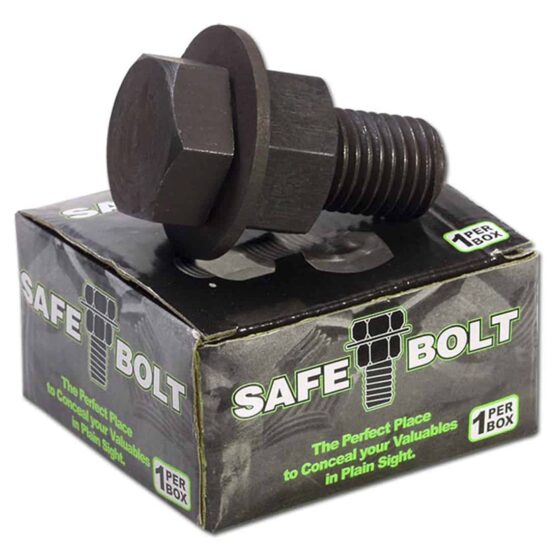En sikkerhedsboks med en rektangulær form, fremstillet af stål i en mat sort farve. Låget har en indbygget bolt, der er synlig i metalgrå, hvilket indikerer mekanismen. Boksen har afrundede kanter og en struktureret overflade, der giver et robust udseende. Der er ingen synlige knapper eller symboler, hvilket understreger dens enkle design.