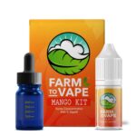 Et kompakt vape-kit præsenteres i en sort og orange farvekombination. Det har en glat, mat overflade med en let buet form. En tydelig tank er placeret øverst, og en rund knap findes på fronten. Mærket er trykt med hvid tekst på den orange sektion. En del af en mangoillustration kan ses, der tilføjer farve og liv til designet.