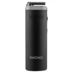 Smono Baloo vaporizer præsenterer sig i en strømlinet, oval form med en glat, mat overflade i en dyb sort farve. Det har en tydelig, digital skærm med hvide tal og symboler, placeret centralt. Knapperne er diskret integreret, og der er en lille, rund luftventil. Den overordnede tekstur er ensartet, hvilket giver et elegant og moderne udtryk.