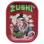 En rektangulær rullebakke præsenterer et farverigt mønster med grafiske elementer inspireret af japansk kultur. Baggrunden er i nuancer af grøn, gul og hvid, mens detaljer som blomster og bølger tilfører dybde. Overfladen har en glat, metallisk finish, der reflekterer lys. Kanterne er let buede, hvilket giver en blødere fremtoning.