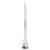 En slank bong fremstillet af klart glas, prydet med et elegant mønster af sorte blade. Den har en tynd hals, der fører til en bred skål i bunden, hvor der er en lille åbning til vand. Overfladen er glat med en let krumning, hvilket skaber en stilfuld og moderne form. Det sorte design giver en kontrast til det klare glas.