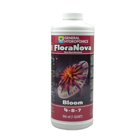 FloraNova Bloom er en klar, gullig væske i en plastflaske med en sort skruelåg. Flasken har en etiket med grøn og hvid tekst, der inkluderer navnet "FloraNova" og produktets anvendelse i hydroponik. Etiketten prydes af grønne planter og har en klar, informativ struktur. Flaskens form er cylindrisk, og indholdet er synligt gennem flaskens gennemsigtige materiale.