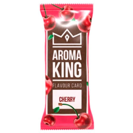 Aroma King-cherry smagskort præsenterer en dyb rød farve med en glat overflade. Kortet har en rektangulær form og er dekoreret med stiliserede kirsebærillustrationer i nuancer af grøn og sort. Teksten er trykt i hvid med en moderne skrifttype, mens et logo er placeret i øverste venstre hjørne. Baggrunden er en ensfarvet mørk skygge, der fremhæver kortets design.