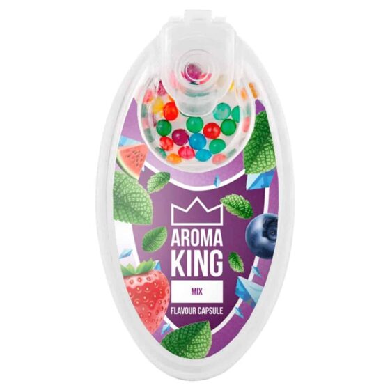 Aroma King Mix Klik-kugler præsenterer en række små, runde kugler i forskellige farver som rød, blå, grøn, og gul. Hver kugle har en glat, skinnende overflade. De er arrangeret i en tæt formation, hvilket skaber et levende farvespil. Kuglerne har en ensartet størrelse og en let gennemsigtig effekt, hvilket giver dem et moderne og friskt udseende.