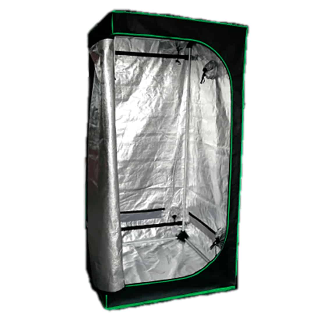 Et telt med en rektangulær form præsenterer sig med en lys grå farve og en glat, vandafvisende overflade. Teltet har en indgang med en lynlås, som er placeret centralt, og to vinduer med net, der giver ventilation. Taget har let buede linjer, hvilket skaber en blød silhuet. Stængerne er lavet af letvægtsmetal og er synligt monteret.