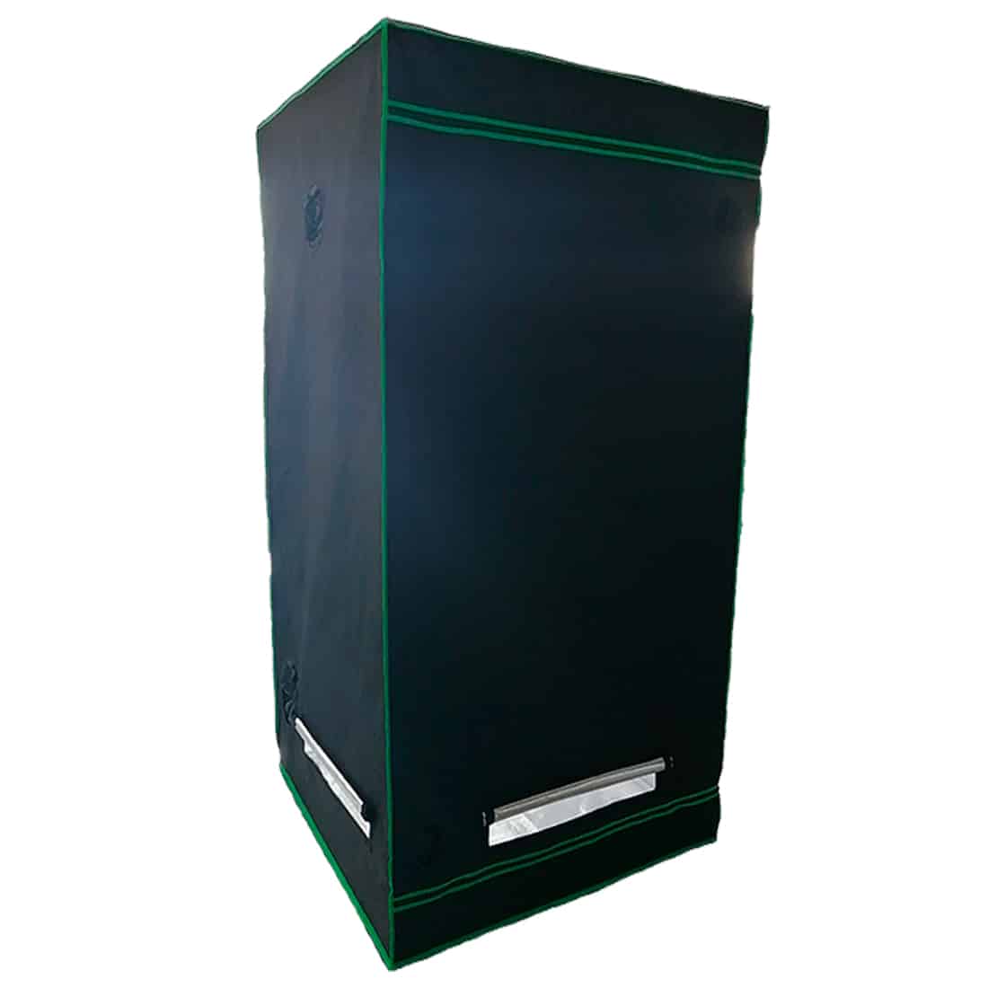 Et telt med en rektangulær form pryder scenen, fremstillet af slidstærkt, vandafvisende materiale i en lys grøn nuance. Teltets tag er skråt, hvilket sikrer vandafledning. Der er to åbninger med net, som giver ventilation. I teltets indre ses en blød, lys bund, mens teltstænger i metal giver stabilitet og struktur. Det samlede design signalerer funktionalitet og komfort.