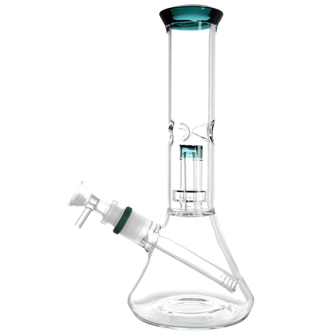 En beaker i petrolfarvet glas med en højde på 26 cm. Beakeren har en cylindrisk form med en bred åbning og en flat bund. Overfladen er glat og skinnende, hvilket skaber en reflekterende effekt. Der er markerede måleskalaer i hvidt langs siden, der angiver volumen. Beakeren har en elegant, moderne fremtoning.