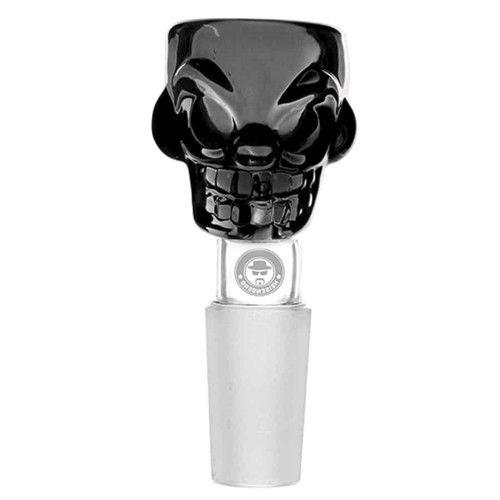 Sort skål med en skinnende overflade prydet af et detaljeret kranium-design. Kraniet er fremhævet med en glat tekstur, og der er markerede detaljer som øjenhuler og kindben. Skålens kant er tynd, hvilket giver et elegant udtryk. Indersiden er glat og reflekterende, hvilket skaber en kontrast til den matte yderside.