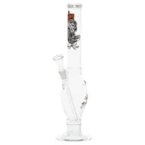 En røgfarvet beaker bong med en højde på 35 cm præsenterer sig med en bred, stabil bund og en smalere hals. Overfladen er glat med en let reflekterende finish. Den har et integreret percolator-system og en skål til tobak, som er placeret på siden. Farvetonerne skifter fra mørke til lysere nuancer, hvilket giver en elegant æstetik.