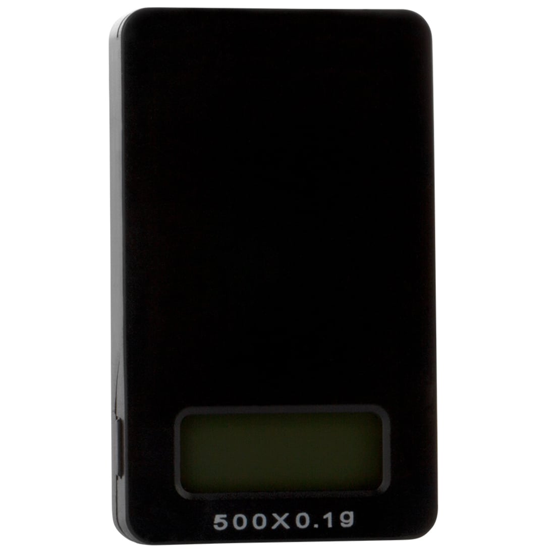 En digital vægt præsenterer en flad, rektangulær overflade med en skinnende, sort glasplade. Skalaen har en tydelig LCD-skærm med sort tekst på en hvid baggrund, der viser vægtmålinger i gram. Knapperne er placeret under skærmen i et simpelt layout. Vægten har bløde, afrundede kanter og en slim profil.