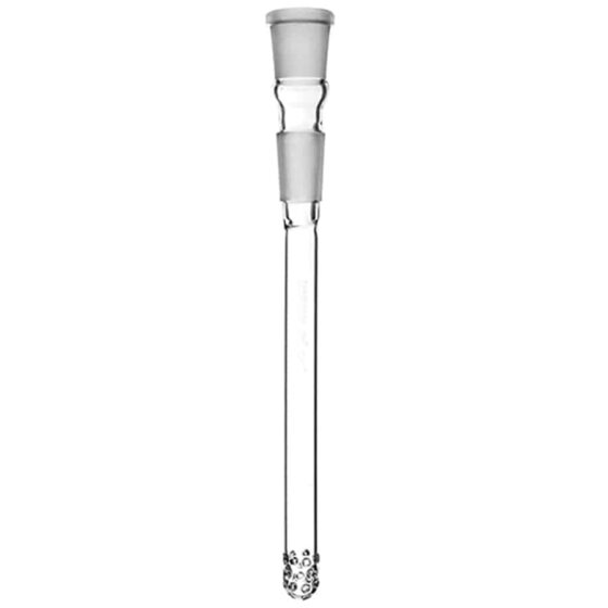 En huldiffusor i klart glas med en længde på 180 mm præsenterer sig med en cylindrisk form. Den har en glat overflade og en tynd vægtykkelse, der giver en elegant transparens. I bunden er der flere små huller, der sikrer en jævn luftstrøm. Diffusoren har en standard SG18 gevindforbindelse, hvilket giver mulighed for nem montering.