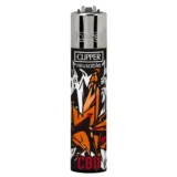 En rød lighter pryder midten af fokusområdet, med en skinnende overflade, der reflekterer lys. Lighterens krop har en glat tekstur og en flad form, mens toppen har en sort knap til tænding. På siden er der en tydelig inskription med hvid tekst, der angiver "CBD", og symboler, der relaterer til produktet.