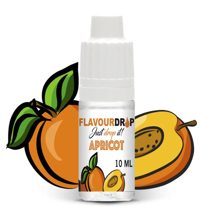En lille transparent flaske med en sort skruelåg, indeholdende en gylden-orange væske, der ligner saft. Flasken har en etiket med tekst i sort og hvid, der angiver produktets navn og information. Labelens design inkluderer en illustration af en abrikos, hvilket fremhæver smagen. Flaskens form er slank og cylindrisk, hvilket gør den let at håndtere.