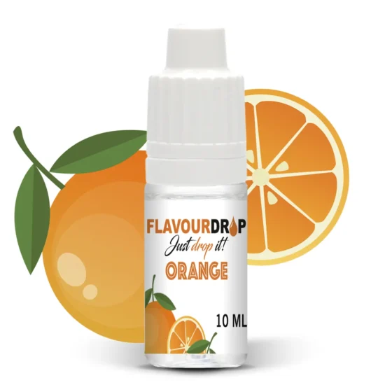 Flaske med appelsinaroma i klar plast, der har en rund bund og en smal hals. Et sort låg med en dråbetuds funktion. Etiket i orange og hvid med sort tekst, der indeholder oplysninger om produktet. Labelen prydes af en stiliseret appelsin og en skive, som fremhæver den frugtagtige karakter. Flaskens volumen er 10 ml.