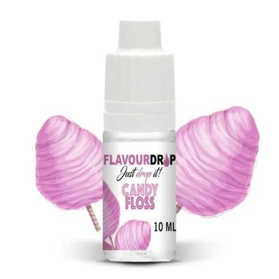 Flaske med en slank, gennemsigtig form, fyldt med en klar væske. Etiket i pastelfarver prydet med illustrationer af sukkerspinde. Teksten på etiketten er tydelig og farverig, med navnet "Candy Floss" fremhævet. Korkproppen er sort, og flaskens størrelse er 10 ml. Det samlede udtryk er lyst og indbydende.