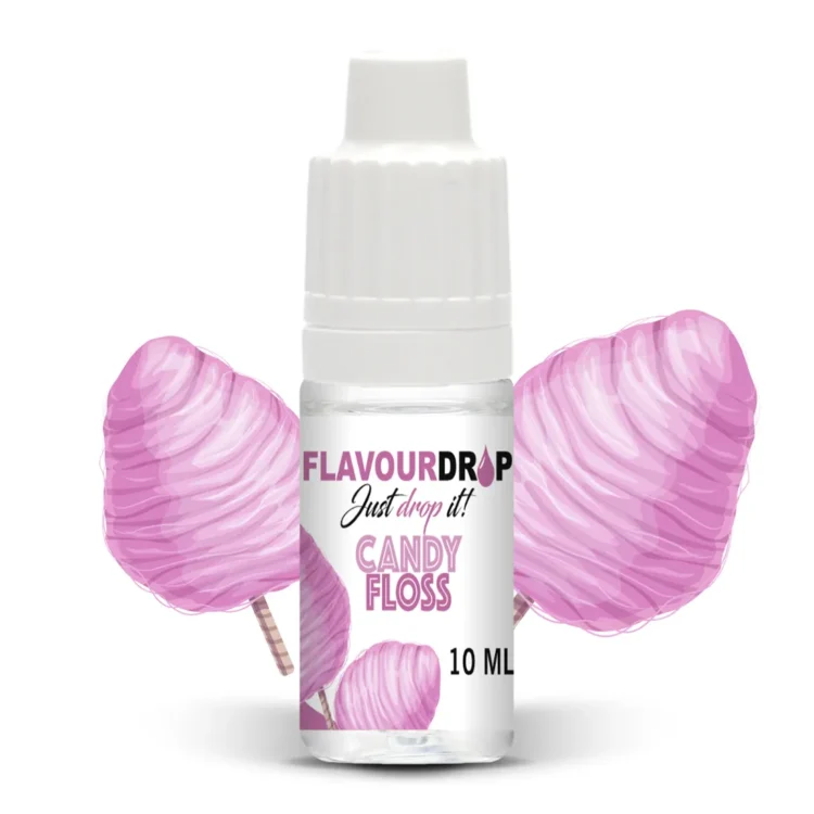 Flaske med en slank, gennemsigtig form, fyldt med en klar væske. Etiket i pastelfarver prydet med illustrationer af sukkerspinde. Teksten på etiketten er tydelig og farverig, med navnet "Candy Floss" fremhævet. Korkproppen er sort, og flaskens størrelse er 10 ml. Det samlede udtryk er lyst og indbydende.