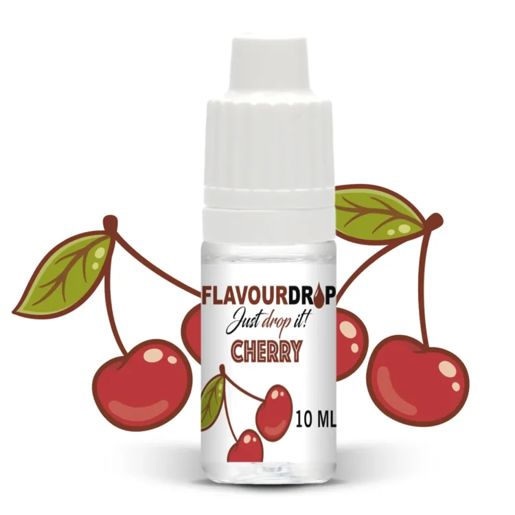 En klar, gennemsigtig flaske indeholder en dyb rød væske, der ligner kirsebærsaft. Flasken har en sort, skruelåg, som er praktisk til opbevaring. Etiketens design præsenterer teksten ”Flavour Drops” i hvid og sort, med en illustration af kirsebær. Flaskens størrelse er kompakt, velegnet til nem dosering af aromaen.