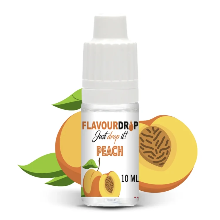 En transparent flaske med en sort skruelåg indeholder en klar væske med en let gylden farve. Flasken har en etikette med farverne orange og hvid, der præsenterer tekst i en tydelig skrifttype. Etiketten inkluderer også et symbol, der angiver aromaens smag, samt et volumen på 10 ml. Flaskens form er slank og cylindrisk.