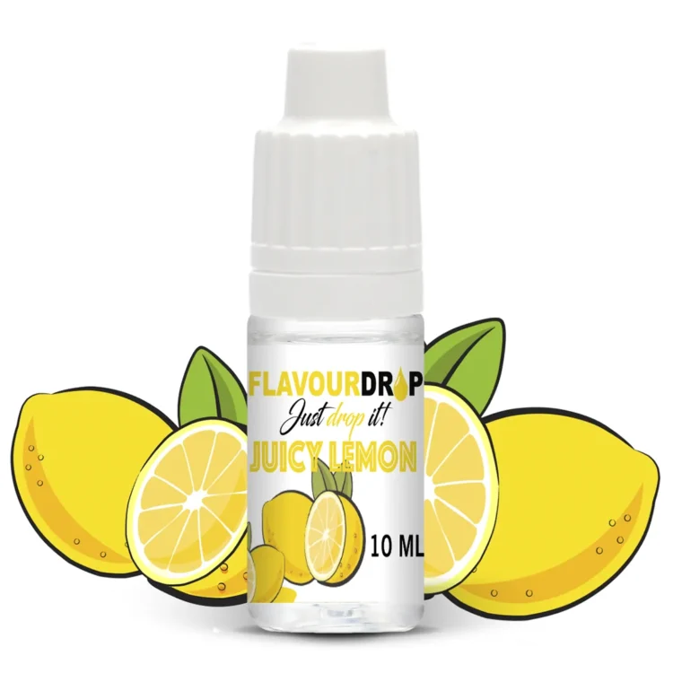 Flaske med citronaroma præsenterer en slank, transparent struktur, der tydeligt viser den lysegule væske indeni. Et sort låg med en dråbespids gør det muligt at dosere indholdet præcist. Etiket i hvidt og gult pryder flasken med tekst i sort, der angiver produktets navn og indhold. Flasken har en kapacitet på 10 ml.
