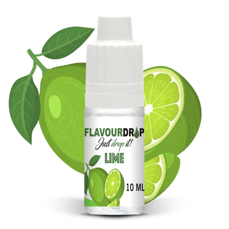 Flaske med en klar, grøn væske fyldt med limearoma. Flasken er lille og har en rund form med en sort, skruelåg. Etiket på flaskens front pryder med en lys grøn baggrund og sort tekst, der angiver produktets navn og indhold. En dråbeformet grafisk illustration fremhæver smagen, mens etikettens kanter er glatte og veludførte.
