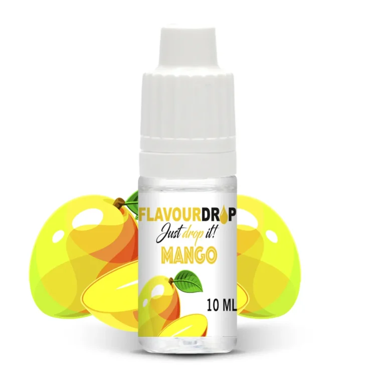 Flavour Drops mango aroma præsenteres i en lille, klar plastflaske med en sort, skruehætte. Flasken har en etiket, der domineres af en lysorange farve med grafiske elementer, der antyder mango. Et hvidt, tydeligt skrift viser produktnavnet. Flaskens størrelse er kompakt, hvilket gør den nem at opbevare. Indholdet er en klar væske.