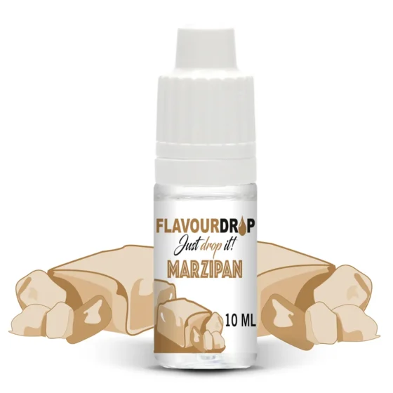 Flasken indeholder en klar, gylden væske, der har en let viskositet. Etiketdesign i bløde nuancer af beige og brun præsenterer produktnavnet, "Marcipan Aroma", med elegant skrifttype. Flaskens hals er udstyret med en sort, skruehætte. En lille dråbeformet pipette i toppen muliggør præcis dosering af indholdet. Mærket er diskret placeret nederst på etiketten.
